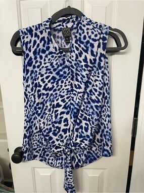 Clara Sunwoo Blue & White Animal Print Tie-Front Sleeveless Top